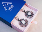 Akra Gems premium jewelry box with a Moonstone earrings set, elegantly packaged for a special gift experience
