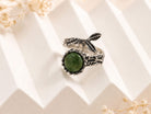 Close-up of the oxidized silver finish and artisan metalwork on the Jade ring, showcasing Akra Gems' expert craftsmanship.