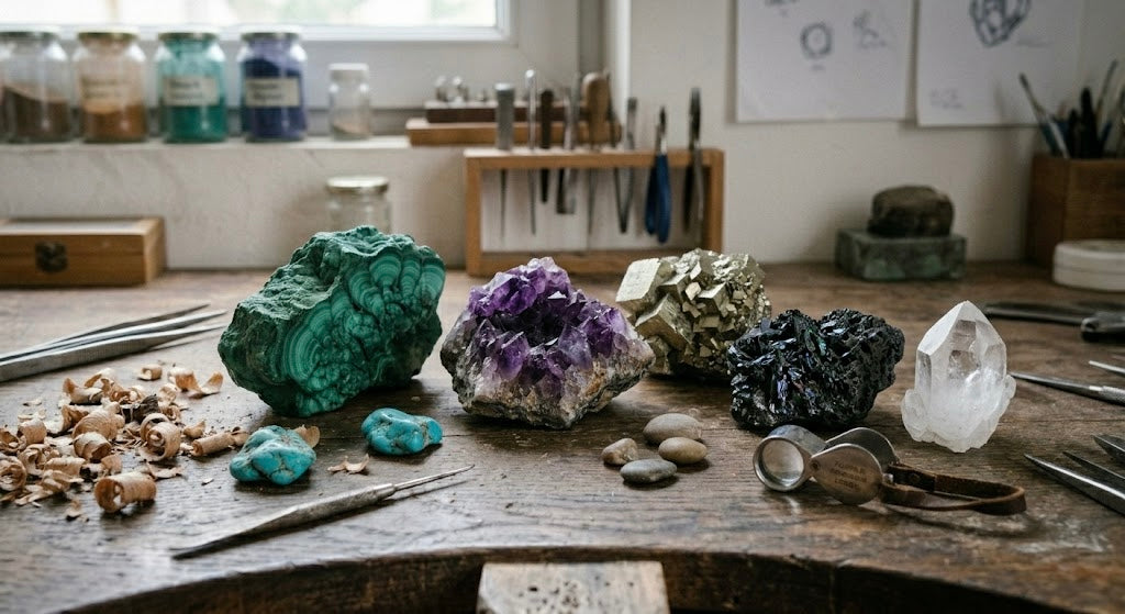 Raw malachite, amethyst, and natural crystals on a jeweler's workbench at AKRA workshop