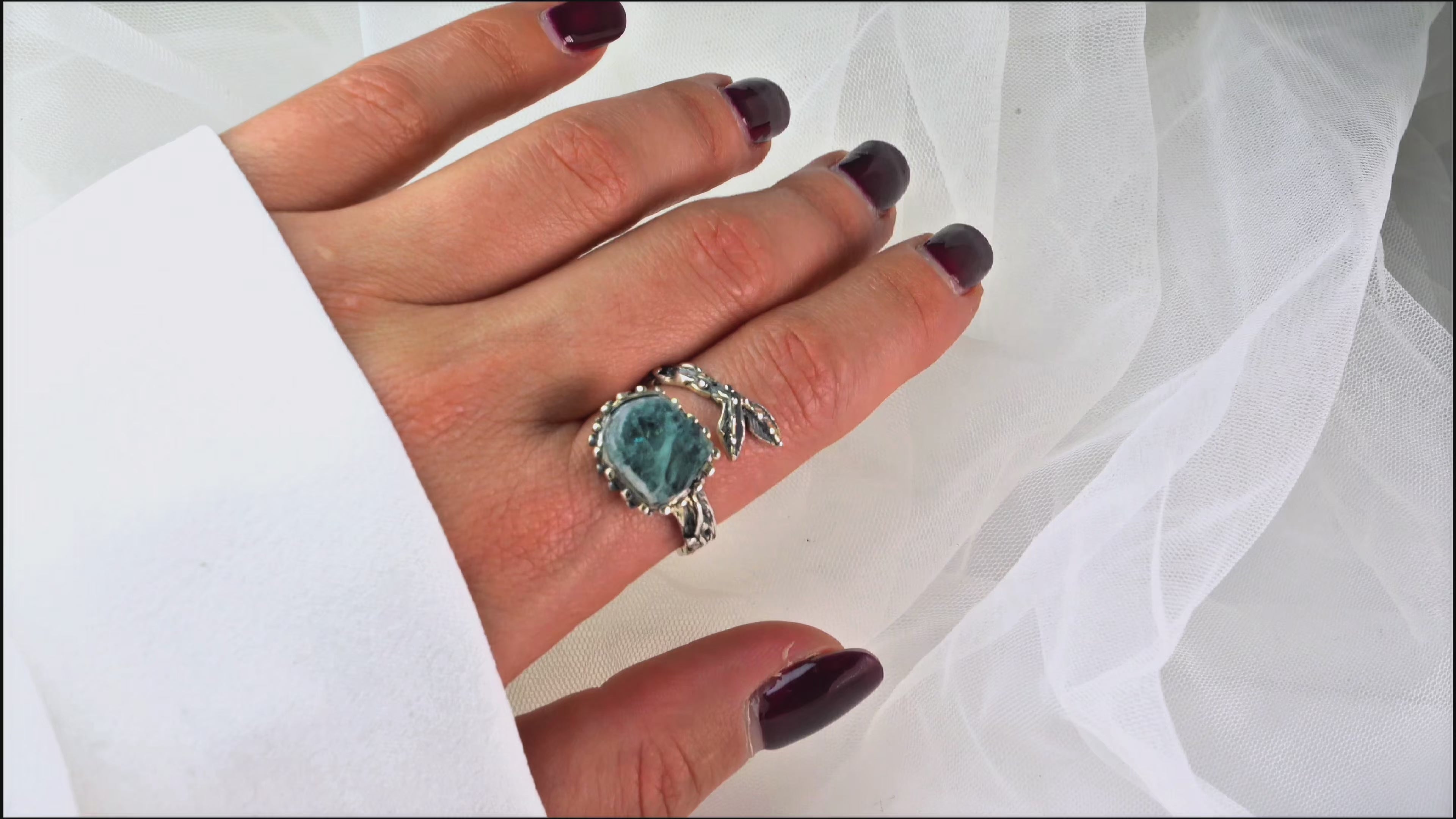 Aquamarine adjustable ring sterling silver statement jewelry ocean blue gemstone textured design handcrafted ring