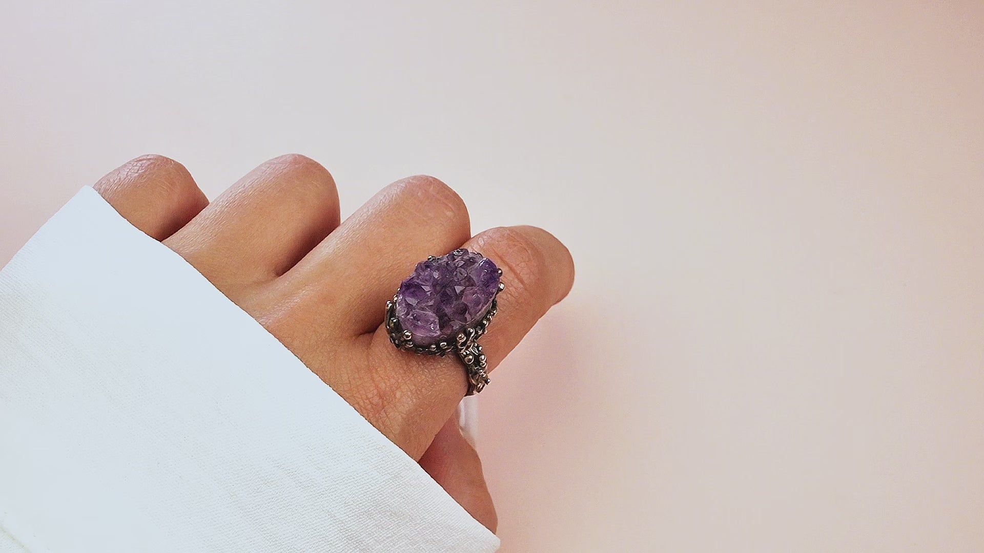 Amethyst adjustable ring raw crystal purple gemstone sterling silver bold statement jewelry handcrafted ring